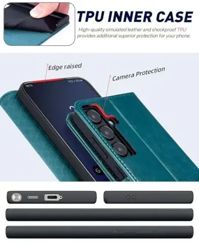 OCASE Galaxy S24 5G hamyon qutisi bilan mos keladi, PU teri Flip Folio qutisi karta ushlagichlari RFID blokirovka qilish tayanchi [zarbga chidamli TPU ichki qobig'i] telefon qopqog'i (2024), tovus ko'k - 5