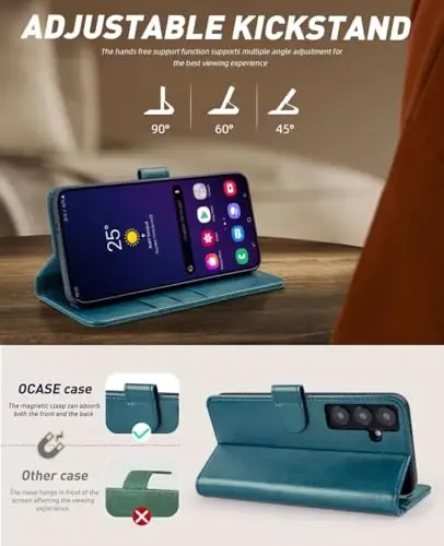 OCASE Galaxy S24 5G hamyon qutisi bilan mos keladi, PU teri Flip Folio qutisi karta ushlagichlari RFID blokirovka qilish tayanchi [zarbga chidamli TPU ichki qobig'i] telefon qopqog'i (2024), tovus ko'k - 4