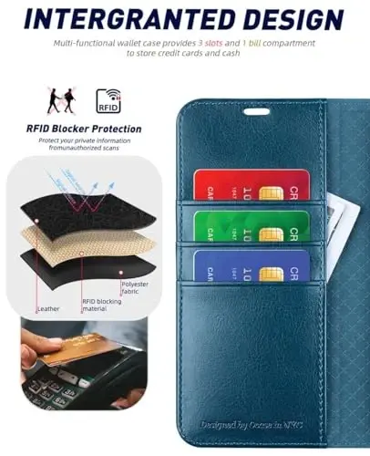 OCASE Galaxy S24 5G hamyon qutisi bilan mos keladi, PU teri Flip Folio qutisi karta ushlagichlari RFID blokirovka qilish tayanchi [zarbga chidamli TPU ichki qobig'i] telefon qopqog'i (2024), tovus ko'k - 3