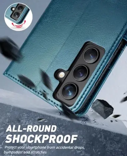 OCASE Galaxy S24 5G hamyon qutisi bilan mos keladi, PU teri Flip Folio qutisi karta ushlagichlari RFID blokirovka qilish tayanchi [zarbga chidamli TPU ichki qobig'i] telefon qopqog'i (2024), tovus ko'k - 6
