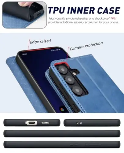 OCASE Galaxy S24 5G Wallet Case bilan mos keladi, PU Charm Flip Folio Case kartochka ushlagichlari RFID blokirovka Kickstand [zarbga chidamli TPU ichki qobig'i] telefon qopqog'i (2024), och ko'k - 5