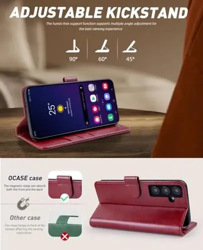OCASE Galaxy S24 5G Wallet Case bilan mos keladi, PU teri Flip Folio Case Card egalari RFID Blocking Kickstand [zarbaga chidamli TPU ichki qobig'i] Telefon qopqog'i (2024), Qizil - 4