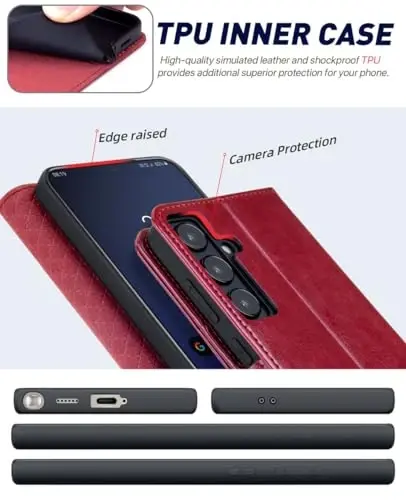 OCASE Galaxy S24 5G Wallet Case bilan mos keladi, PU teri Flip Folio Case Card egalari RFID Blocking Kickstand [zarbaga chidamli TPU ichki qobig'i] Telefon qopqog'i (2024), Qizil - 5
