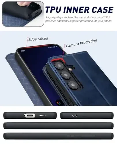 OCASE Galaxy S24 5G Wallet Case bilan mos keladi, PU teri Flip Folio Case, Kart ushlagichli RFID Blocking Kickstand [zarbga chidamli TPU ichki qobig'i] Telefon qopqog'i (2024), Moviy - 5