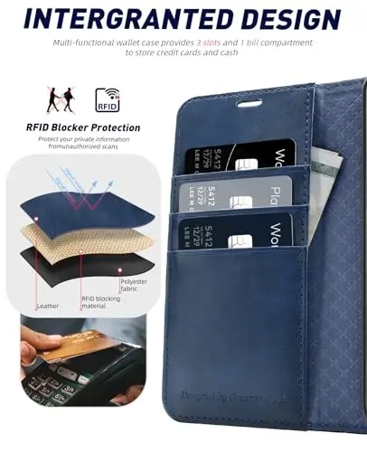 OCASE Galaxy S24 5G Wallet Case bilan mos keladi, PU teri Flip Folio Case, Kart ushlagichli RFID Blocking Kickstand [zarbga chidamli TPU ichki qobig'i] Telefon qopqog'i (2024), Moviy - 3