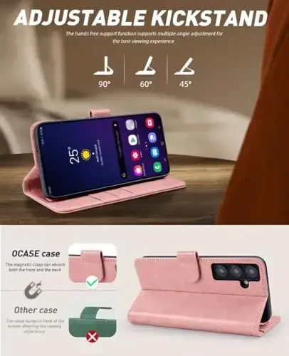 OCASE Galaxy S24 5G Wallet Case bilan mos, PU charm Flip Folio Case, Kart ushlagichlari RFID Blocking Kickstand [zarbga chidamli TPU ichki qobig'i] Telefon qopqog'i (2024), pushti - 4