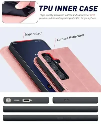 OCASE Galaxy S24 5G Wallet Case bilan mos, PU charm Flip Folio Case, Kart ushlagichlari RFID Blocking Kickstand [zarbga chidamli TPU ichki qobig'i] Telefon qopqog'i (2024), pushti - 5