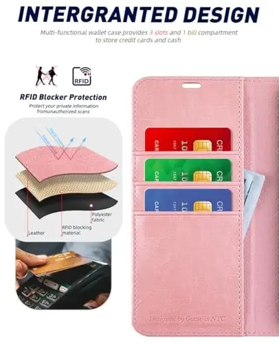 OCASE Galaxy S24 5G Wallet Case bilan mos, PU charm Flip Folio Case, Kart ushlagichlari RFID Blocking Kickstand [zarbga chidamli TPU ichki qobig'i] Telefon qopqog'i (2024), pushti - 3