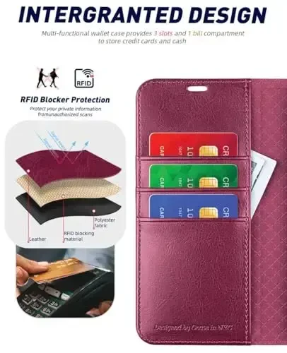 OCASE Совместимый с Galaxy S24 5G Чехол-бумажник, PU кожаный флип-чехол с держателями для карт RFID блокировка подставка [Ударопрочный TPU внутренний чехол] Чехол для телефона (2024), Бургундия - 3