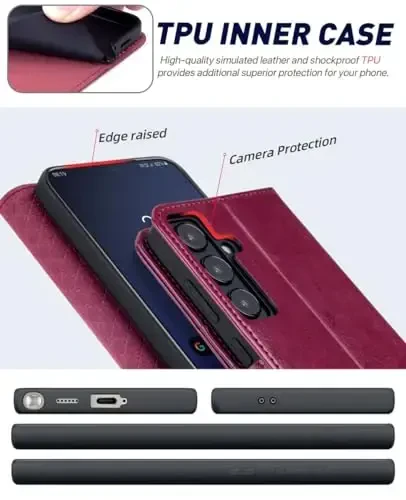 OCASE Совместимый с Galaxy S24 5G Чехол-бумажник, PU кожаный флип-чехол с держателями для карт RFID блокировка подставка [Ударопрочный TPU внутренний чехол] Чехол для телефона (2024), Бургундия - 5