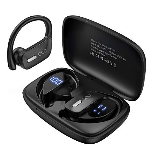 Occiam Wireless Earbuds Bluetooth Headphones 48H Play Back Earphones in Ear Waterproof with Microphone LED Display for Sports Running Workout Black - 1