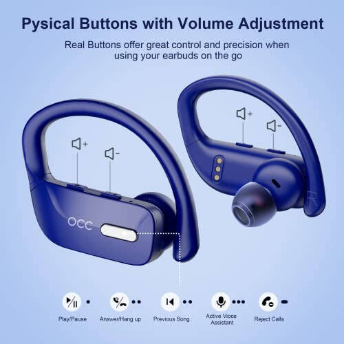 Occiam Wireless Earbuds Bluetooth Headphones 48H Play Back Earphones in Ear Waterproof with Microphone LED Display for Sports Running Workout Blue - 10