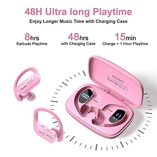 Occiam Wireless Earbuds Bluetooth Headphones 48H Play Back Earphones in Ear Waterproof with Microphone LED Display for Sports Running Workout Pink - 9