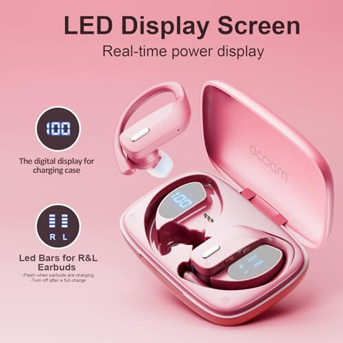 Occiam Wireless Earbuds Bluetooth Headphones 48H Play Back Earphones in Ear Waterproof with Microphone LED Display for Sports Running Workout Pink - 2