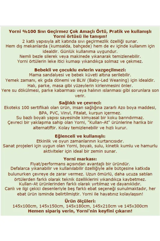 Ocean 145x100sm Suv O'tkazmaydigan Ko'p Maqsadli Dasturxon, Yerda yoki Stolda Ishlating, Mashinada Yuviladi - 3