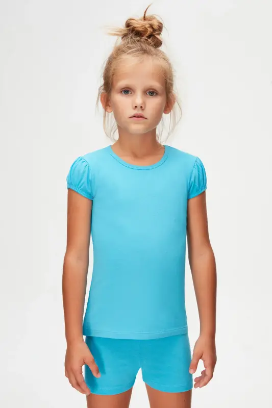 Ocean Blue Basic Girls Crew Neck Watermelon Sleeve T-shirt-AQUARIUS - 2