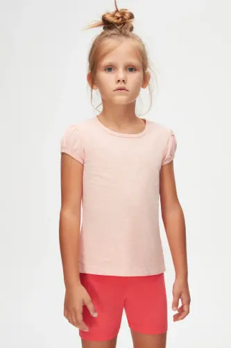 Och pushti melanj qiz bolalar uchun yumaloq yoqali, tarvuz yengli futbolka - BRIGHT PINK MELANGE - 3