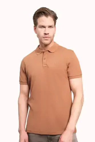 Ochiq jigarrang Basic tekis 100% paxta Slim Fit tor kesimli qisqa yengli polo yoqali erkaklar futbolkasi - 4