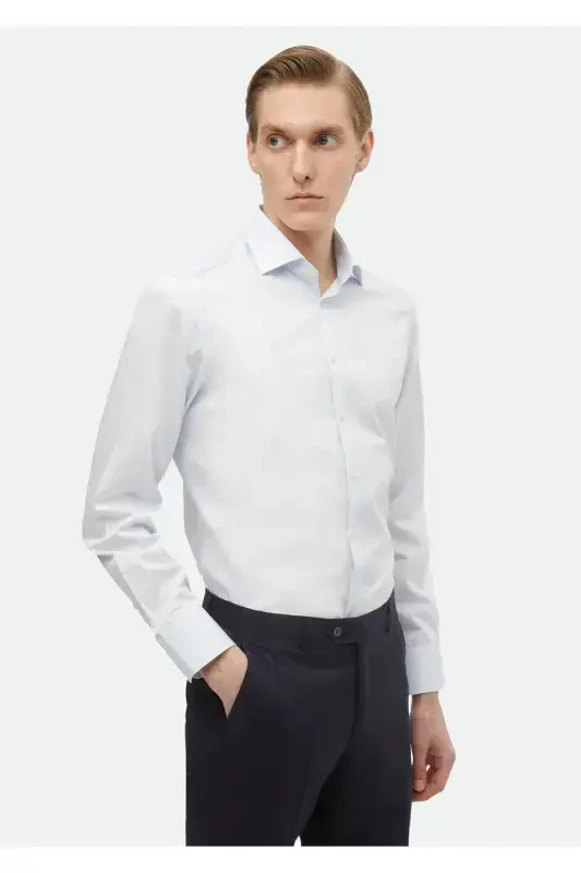 Ochiq ko'k tekis Slim Fit to'qilgan klassik 100% paxta ko'ylak - 1