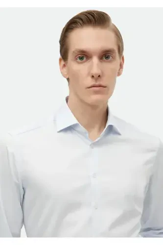 Ochiq ko'k tekis Slim Fit to'qilgan klassik 100% paxta ko'ylak - 3