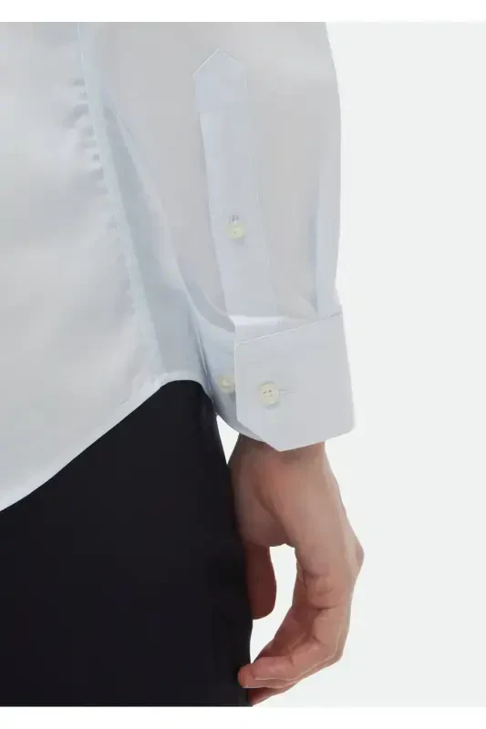 Ochiq ko'k tekis Slim Fit to'qilgan klassik 100% paxta ko'ylak - 4