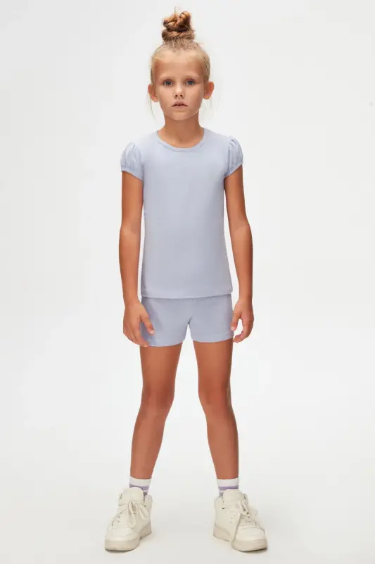 Ochiq lila Basic qiz bola nol yoqali tarvuz yengli futbolka - MISTY LILAC - LOVETTI