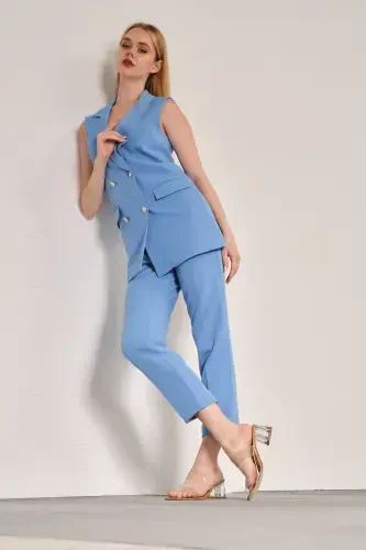 Ochiq Moviy Blazer Nimcha Nayli Shim Atlas Mato Kostyumi-Ochiq Moviy - 3