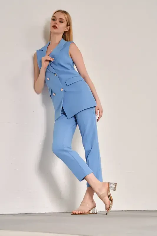 Ochiq Moviy Blazer Nimcha Nayli Shim Atlas Mato Kostyumi-Ochiq Moviy - 3