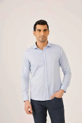 Ochiq Moviy Erkak Slim Fit Ekose Naqshli Yarim Italyan Yoqali Uzun Qisma Ko'ylak - 89999-Ochiq Moviy 