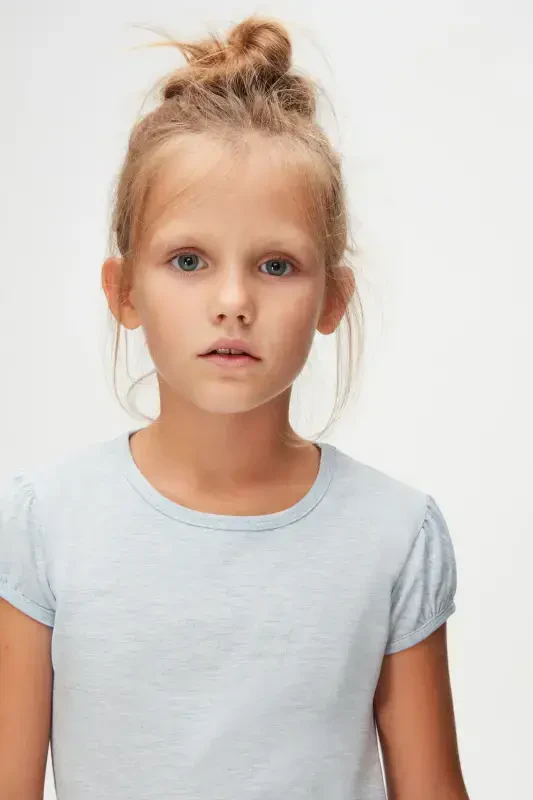 Ochiq moviy melanj Basic qiz bolalar uchun nol yoqali tarvuz yengli futbolka - BRIGHT BLUE MELANGE - 3