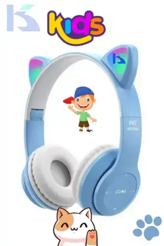 Ochiq Moviy Rang Vilya Mushuk Qulog'i Tafsilotli Mos Bluetooth Simsiz Quloqchin Bolalar O'yinchisi Aux Kabel-MOR - 1