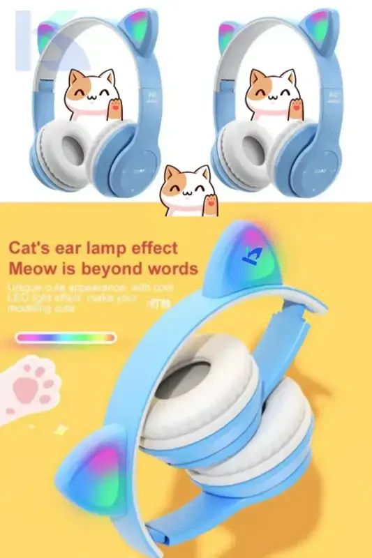 Ochiq Moviy Rang Vilya Mushuk Qulog'i Tafsilotli Mos Bluetooth Simsiz Quloqchin Bolalar O'yinchisi Aux Kabel-MOR - 2