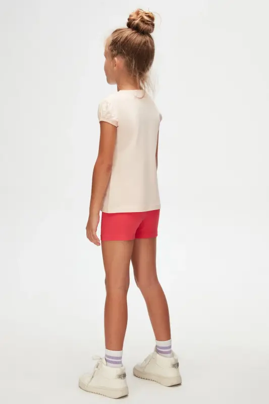 Ochiq Pushti Asosiy Qizlar uchun Yumaloq Yoqali Tarvuz Yengli Futbolka - BRIGHT POWDER PINK - 4