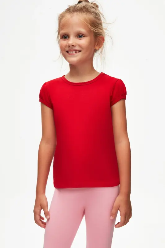 Ochiq qizil Basic qiz bola nol yoqali tarvuz yengli futbolka-URBAN RED - 3
