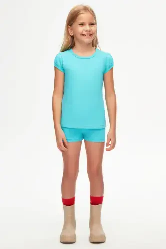 Ochiq turkuaz asosiy qizlar uchun nol yoqali tarvuz yengli futbolka - POLL TURQUOISE - 1