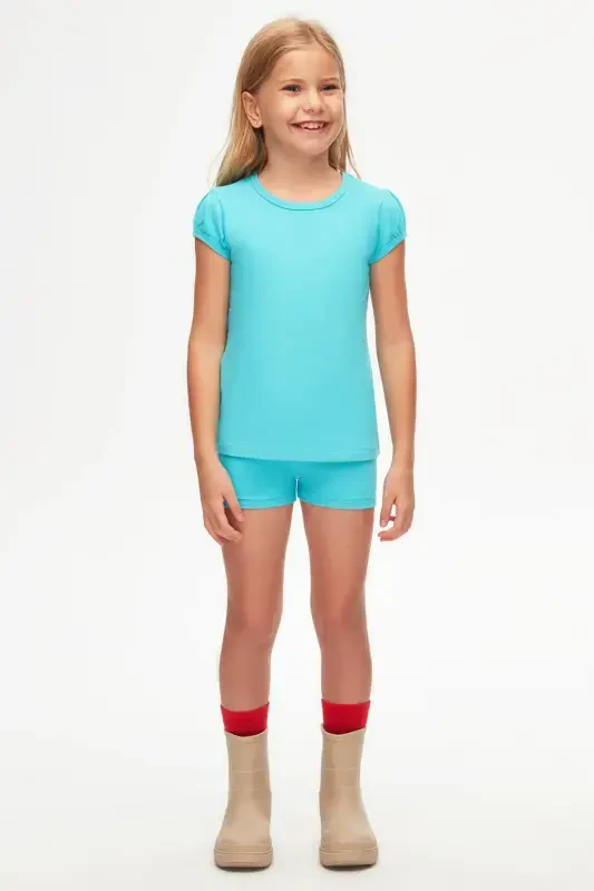 Ochiq turkuaz asosiy qizlar uchun nol yoqali tarvuz yengli futbolka - POLL TURQUOISE - 1