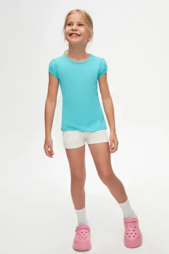 Ochiq turkuaz asosiy qizlar uchun nol yoqali tarvuz yengli futbolka - POLL TURQUOISE - 5