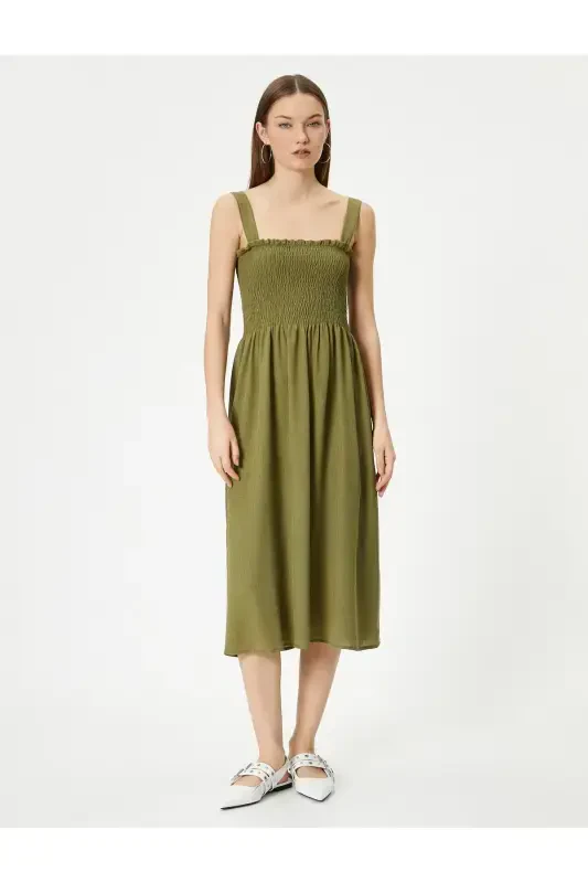 Ochiq yelkali midi ko'ylak, gipür detallari bilan, qulay bichim - 3