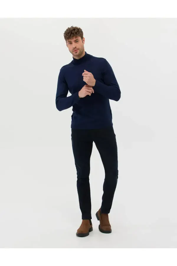 Ochqir ko'k Slim Fit Baliqcha Yaka Basic Triko Ko'ylagi - 3