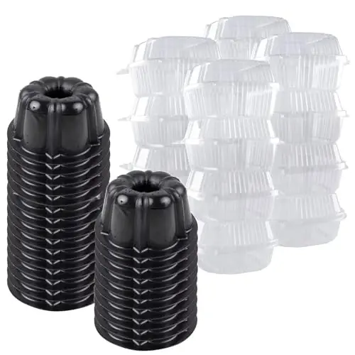 O'Creme Bakeable Plastic Mini Cake Pan with Container - Baking Pan With Non-Stick Silicone - Reusable Mold For Baking and Much More - and Clear Snap-Closure Container - 25 Cake Pans + 25 Containers 