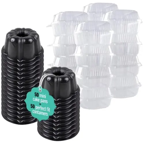 O'CREME Mini Cake Pan with Container, Non-Stick Silicone, 50 Pack | Reusable bakeable plastic molds pair with clear snap-closure containers, keeping finished cakes fresh and display-ready. 