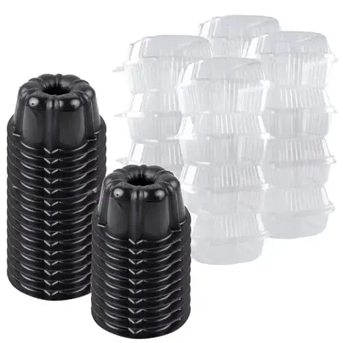 O'Creme Bakeable Plastic Mini Cake Pan with Container - Baking Pan With Non-Stick Silicone - Reusable Mold For Baking and Much More - and Clear Snap-Closure Container - 50 Cake Pans + 50 Containers 