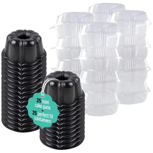 O'Creme Bakeable Plastic Mini Cake Pan with Container - Baking Pan With Non-Stick Silicone - Reusable Mold For Baking and Much More - and Clear Snap-Closure Container - 25 Cake Pans + 25 Containers 