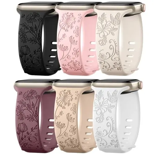 Odbeai Chiroyli Gullar Gravürlangan Tasma Apple Watch Tasmalari Bilan Mos Ayollar 40mm 44mm 38mm 41mm 42/45/46/49mm, 6 dona Yumshoq Silikon Nafis Sport Tasma iWatch Tasmalari Ayollar Seriyasi 11-1 SE Ultra1/2/3 uchun - ODBEAI