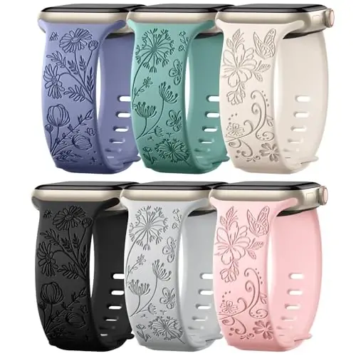 Odbeai Cute Floral Engraved Band Compatible with Apple Watch Bands Women 40mm 44mm 38mm 41mm 42/45/46/49mm, 6-Pack Soft Silicone Dressy Sport Strap for iWatch Bands Series 11 10 9-1 SE Ultra1/2/3 - 1