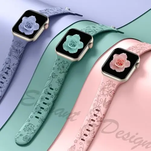 Odbeai Cute Floral Engraved Band Compatible with Apple Watch Bands Women 40mm 44mm 38mm 41mm 42/45/46/49mm, 6-Pack Soft Silicone Dressy Sport Strap for iWatch Bands Series 11 10 9-1 SE Ultra1/2/3 - 4