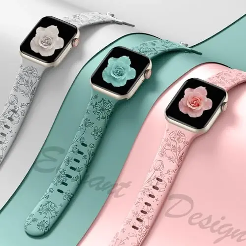 Odbeai Cute Floral Engraved Band Compatible with Apple Watch Bands Women 40mm 44mm 38mm 41mm 42/45/46/49mm, 6-Pack Soft Silicone Dressy Sport Strap for iWatch Bands Women Series 11-1 SE Ultra1/2/3 - 4