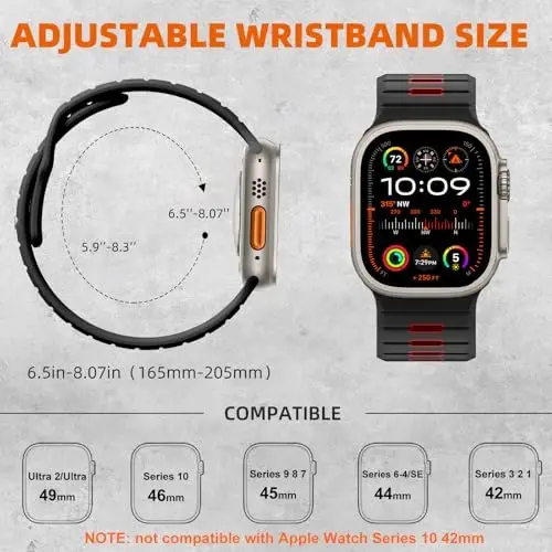 Odbeai Spor Bandı Apple Watch Ultra 2 3/Ultra Band ile Uyumlu, Apple Watch Erkek Kordonları ile Uyumlu 49mm 46mm 45mm 44mm 42mm, iWatch Kordonları Tüm Seriler SE 11 10 9-1 için Su Geçirmez Silikon Kayış - 5
