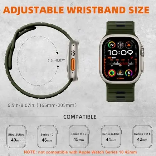 Odbeai Sport Band Apple Watch Ultra 2 3/Ultra Band bilan mos, Apple Watch Bands for Men 49mm 46mm 45mm 44mm 42mm bilan mos, iWatch Bands All Series SE 11 10 9-1 uchun suv o'tkazmaydigan silikon tasma - 5
