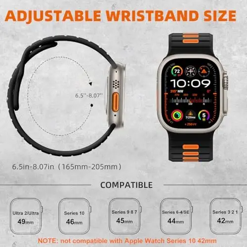 Odbeai Sport Band Apple Watch Ultra 2/Ultra/Ultra 3 Band bilan mos keladi, Apple Watch Bands for Men 49mm 46mm 45mm 44mm 42mm bilan mos keladi, iWatch All Series SE 11 10 9-1 uchun suv o'tkazmaydigan silikon tasma - 5